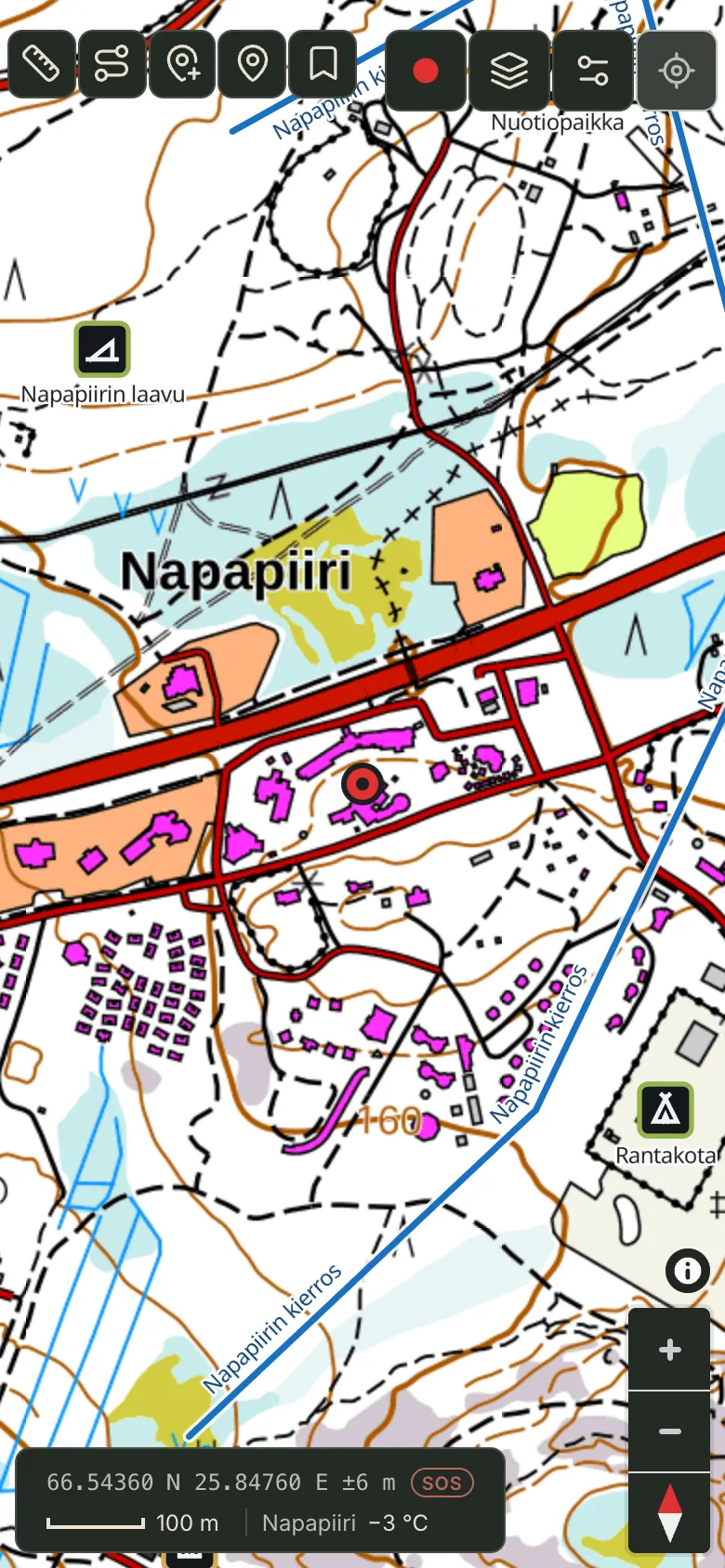 The Offgrid66 map: coordinate line, SOS and map buttons.