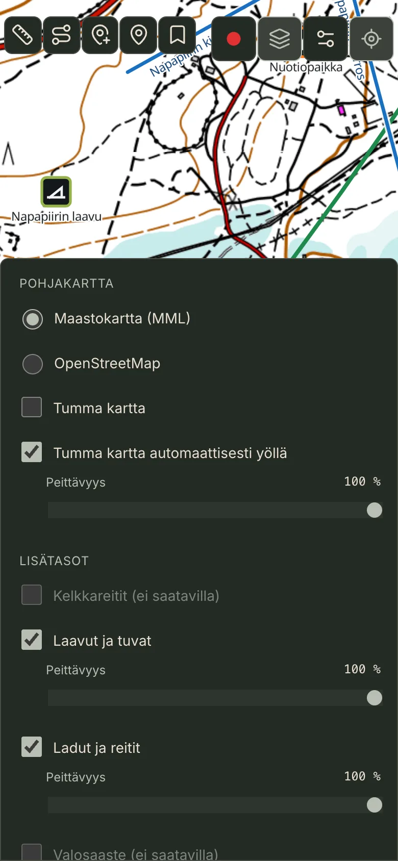 Layers menu: topographic map, LIPAS layers and ski tracks.
